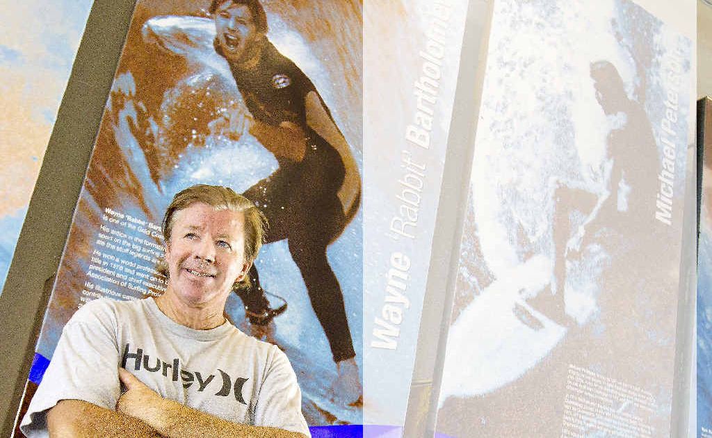 Wayne ‘Rabbit’ Bartholomew in front of the Wall of Fame at Kirra Beach Hotel. The wall celebrates coastal town as an international surfing destination. Wayne ‘Rabbit’ Bartholomew in front of the Wall of Fame at Kirra Beach Hotel. The wall celebrates coastal town as an international surfing destination.
